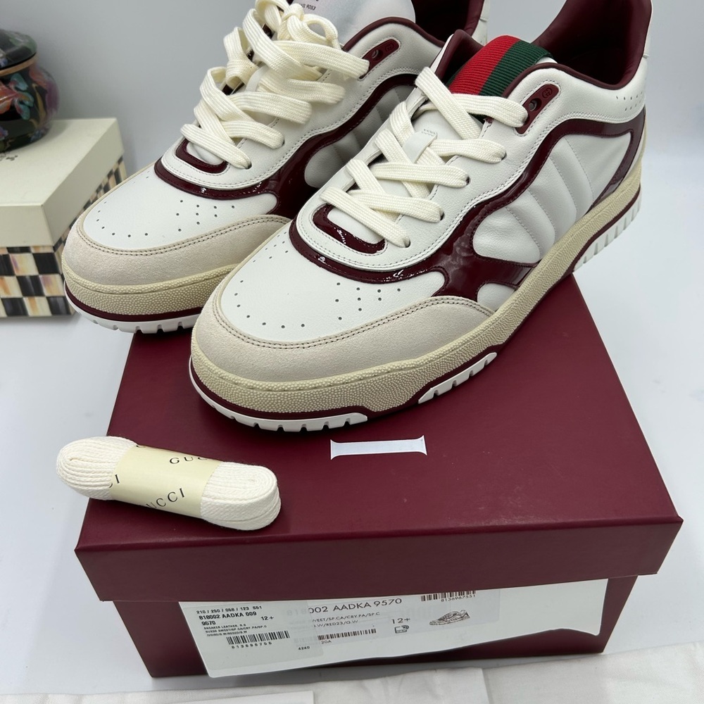 Men's Gucci re-Web sneakers in white leather with red accents size 12.5 Italy - Picture 12 of 13